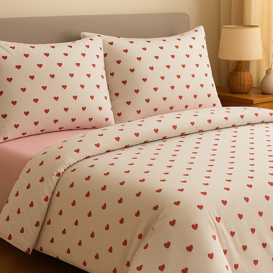 Kelebek Cherry Çift Kişilik Pamuklu Nevresim Takımı Kalp Desenli